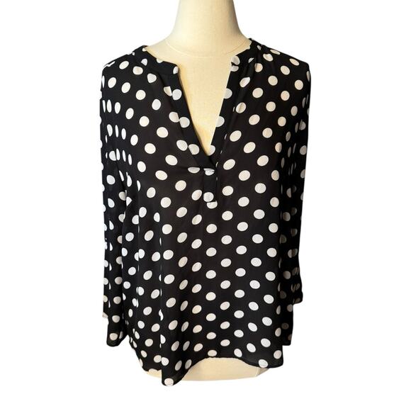 Daniel Rainn XL Blouse Black White Polka Dot Roll Tab Sleeves Hi-Low Hem - Picture 1 of 6